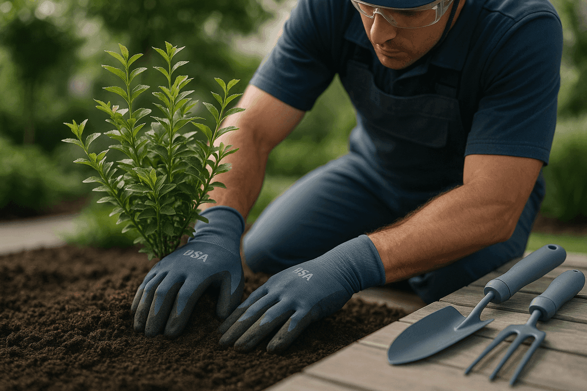 Close-up of gloved hands planting a young shrub in soil with landscaping tools nearby