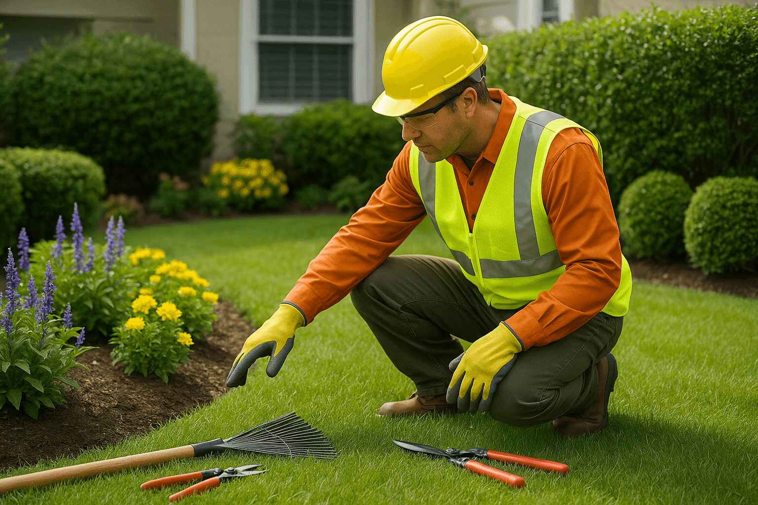 Landscaper checking garden beds and lawn for seasonal maintenance