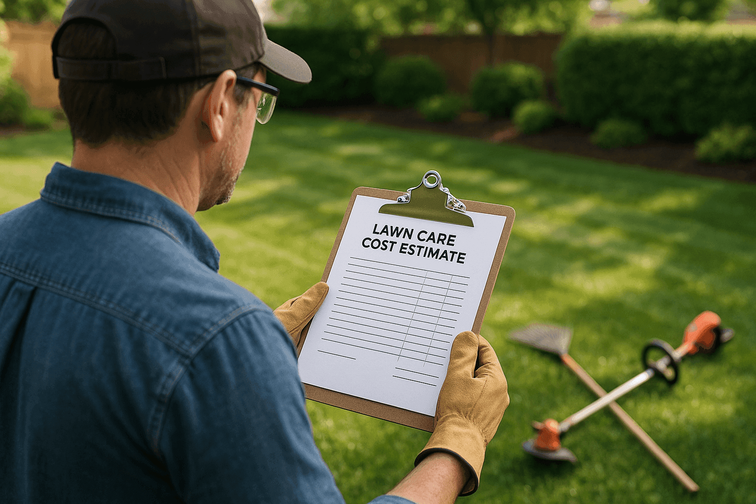 Homeowner reviewing lawn care estimate and budget in landscaped backyard