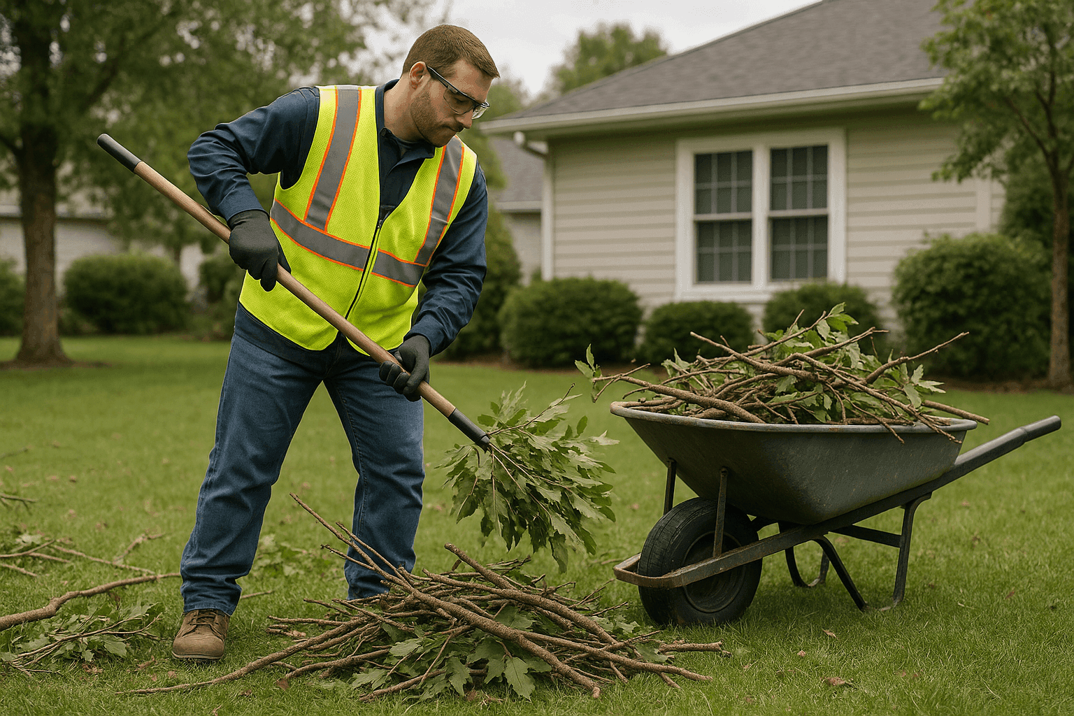 Landscaper clearing branches and debris from a residential yard after a storm