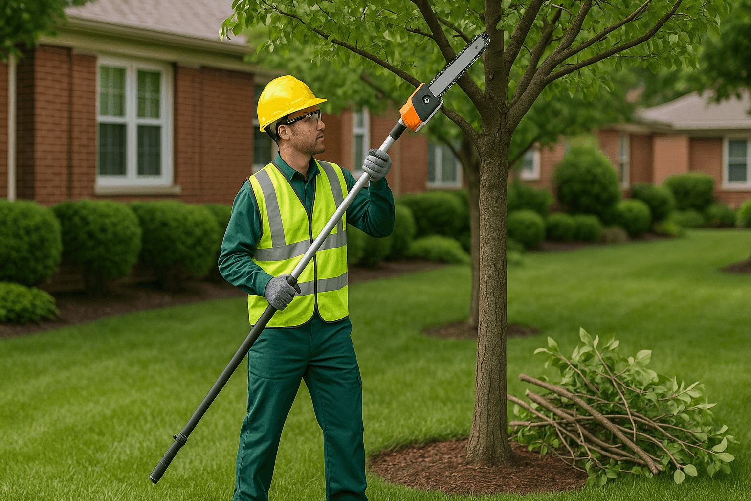 Professional pruning tree branches in a residential yard using proper tools